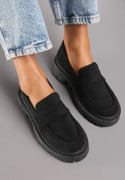 Czarne Wsuwane Mokasyny na Płaskiej Grubej Podeszwie z Wkładką z Ekoskóry Dionela