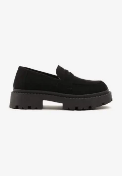 Czarne Wsuwane Mokasyny na Płaskiej Grubej Podeszwie z Wkładką z Ekoskóry Dionela