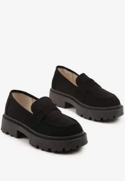 Czarne Wsuwane Mokasyny na Płaskiej Grubej Podeszwie z Wkładką z Ekoskóry Dionela