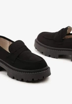 Czarne Wsuwane Mokasyny na Płaskiej Grubej Podeszwie z Wkładką z Ekoskóry Dionela