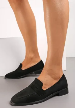 Czarne Wsuwane Mokasyny na Płaskiej Podeszwie z Przeszyciami Firana