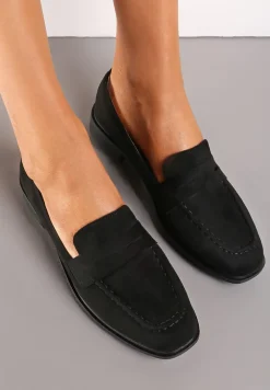 Czarne Wsuwane Mokasyny na Płaskiej Podeszwie z Przeszyciami Firana