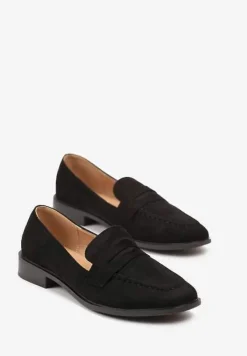 Czarne Wsuwane Mokasyny na Płaskiej Podeszwie z Przeszyciami Firana