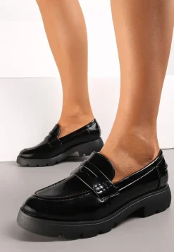Czarne Wsuwane Mokasyny na Płaskiej Grubej Podeszwie z Imitacji Skóry Nareli