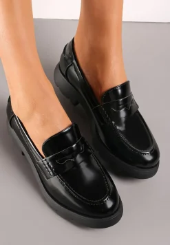 Czarne Wsuwane Mokasyny na Płaskiej Grubej Podeszwie z Imitacji Skóry Nareli