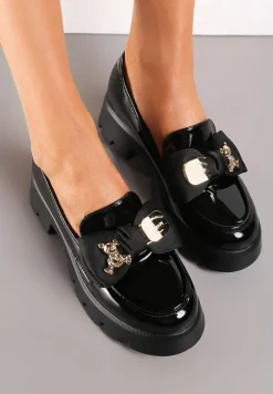 Czarne Wsuwane Mokasyny z Lakierowanej Ekoskóry z Ozdobną Kokardką Nimena