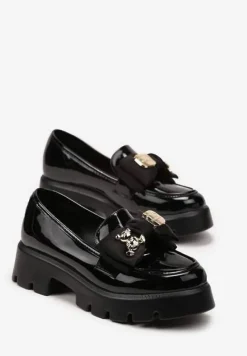Czarne Wsuwane Mokasyny z Lakierowanej Ekoskóry z Ozdobną Kokardką Nimena