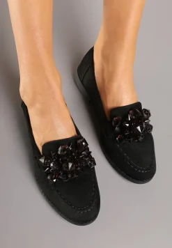 Czarne Wsuwane Mokasyny z Ozdobnymi Kamieniami Falisse