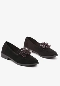Czarne Wsuwane Mokasyny z Ozdobnymi Kamieniami Falisse