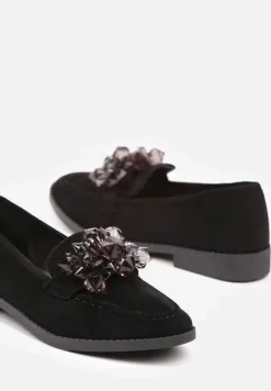 Czarne Wsuwane Mokasyny z Ozdobnymi Kamieniami Falisse