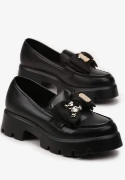 Czarne Wsuwane Mokasyny z Ekoskóry z Ozdobną Kokardką Nimena