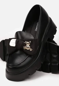 Czarne Wsuwane Mokasyny z Ekoskóry z Ozdobną Kokardką Nimena