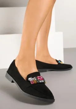 Czarne Wsuwane Mokasyny z Aplikacją z Kryształków Palirona