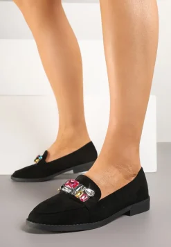 Czarne Wsuwane Mokasyny z Aplikacją z Kryształków Palirona