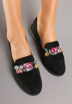 Czarne Wsuwane Mokasyny z Aplikacją z Kryształków Palirona