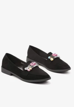 Czarne Wsuwane Mokasyny z Aplikacją z Kryształków Palirona