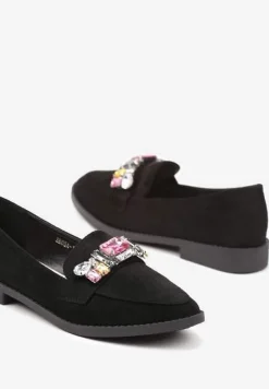 Czarne Wsuwane Mokasyny z Aplikacją z Kryształków Palirona