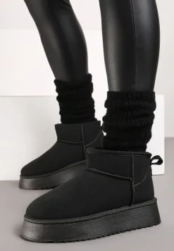 Czarne Wsuwane Śniegowce Casualowe z Imitacji Zamszu na Grubej Podeszwie Tinaretia