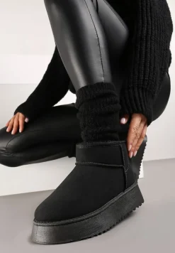 Czarne Wsuwane Śniegowce Casualowe z Imitacji Zamszu na Grubej Podeszwie Tinaretia