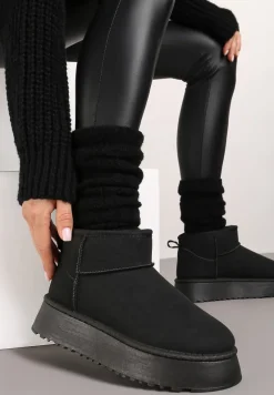 Czarne Wsuwane Śniegowce Casualowe z Imitacji Zamszu na Grubej Podeszwie Tinaretia