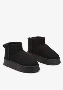 Czarne Wsuwane Śniegowce Casualowe z Imitacji Zamszu na Grubej Podeszwie Tinaretia