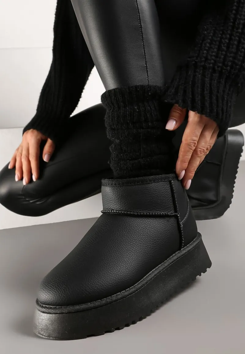 Czarne Wsuwane Śniegowce Casualowe na Grubej Podeszwie Tinaretia