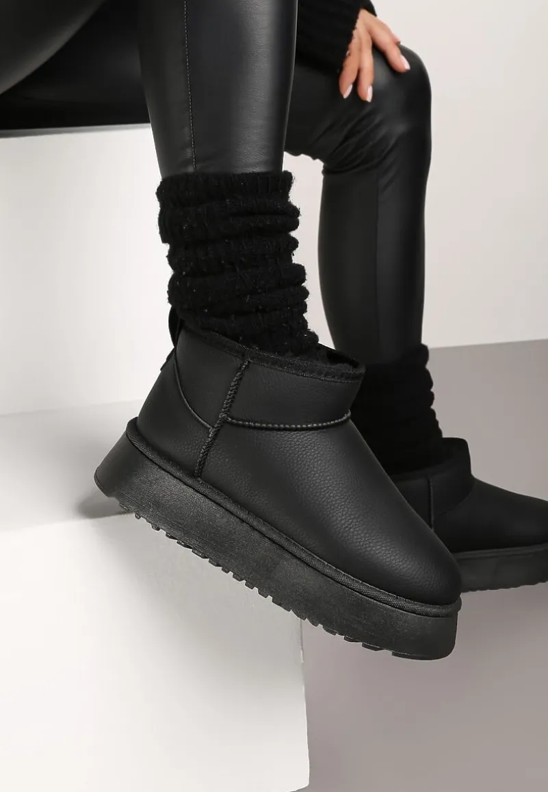 Czarne Wsuwane Śniegowce Casualowe na Grubej Podeszwie Tinaretia