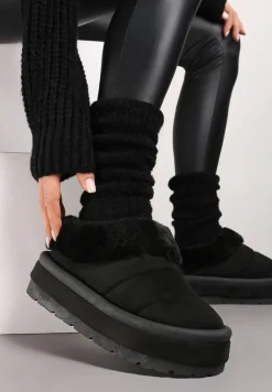 Czarne Wsuwane Śniegowce na Platformie Ozdobione Futerkiem Sinthiana