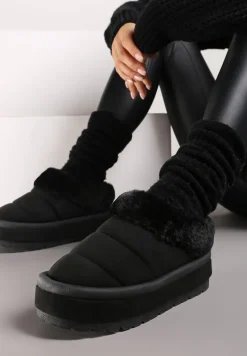 Czarne Wsuwane Śniegowce na Platformie Ozdobione Futerkiem Sinthiana