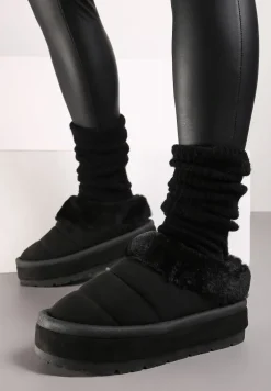 Czarne Wsuwane Śniegowce na Platformie Ozdobione Futerkiem Sinthiana