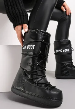 Czarne Wsuwane Śniegowce na Platformie z Wiązaniem i Ozdobną Taśmą Gorgona