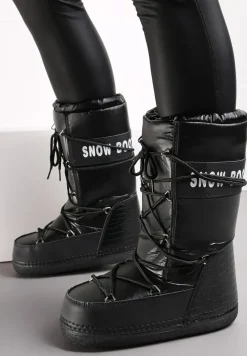 Czarne Wsuwane Śniegowce na Platformie z Wiązaniem i Ozdobną Taśmą Gorgona