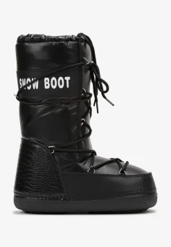 Czarne Wsuwane Śniegowce na Platformie z Wiązaniem i Ozdobną Taśmą Gorgona