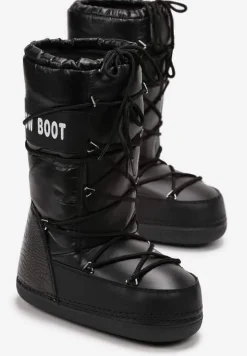 Czarne Wsuwane Śniegowce na Platformie z Wiązaniem i Ozdobną Taśmą Gorgona