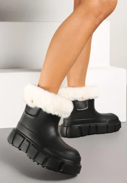 Czarne Wsuwane Śniegowce z Futrzaną Wyściółką i Zdobieniami Tarvia