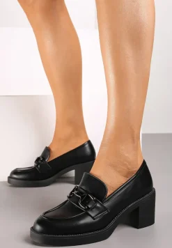 Czarne Wsuwane Półbuty na Słupku z Metalową Klamrą Urefia