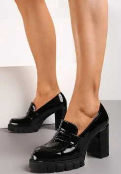 Czarne Wsuwane Półbuty z Lakierowanej Ekoskóry na Wysokim Słupku z Platformą Graci