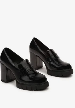 Czarne Wsuwane Półbuty z Lakierowanej Ekoskóry na Wysokim Słupku z Platformą Graci