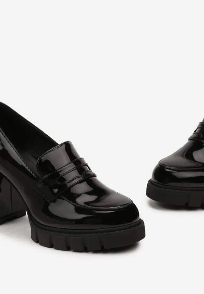 Czarne Wsuwane Półbuty z Lakierowanej Ekoskóry na Wysokim Słupku z Platformą Graci