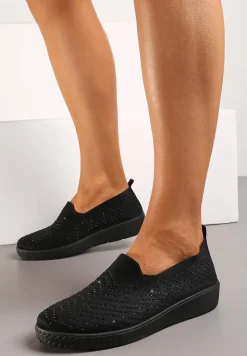 Czarne Wsuwane Tenisówki ze Skarpetkową Cholewką z Cyrkoniami Siwina