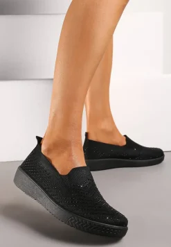 Czarne Wsuwane Tenisówki ze Skarpetkową Cholewką z Cyrkoniami Siwina