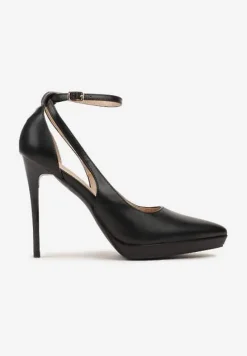 Czarne Wycięte Szpilki ze Szpiczastym Noskiem i Paskiem z Klamerką przy Kostce Atteona