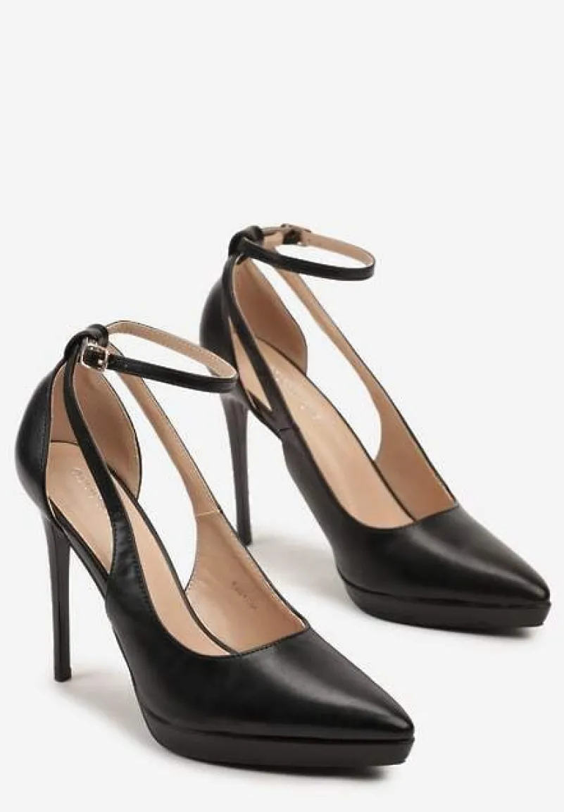 Czarne Wycięte Szpilki ze Szpiczastym Noskiem i Paskiem z Klamerką przy Kostce Atteona