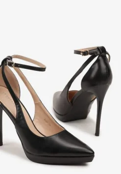 Czarne Wycięte Szpilki ze Szpiczastym Noskiem i Paskiem z Klamerką przy Kostce Atteona