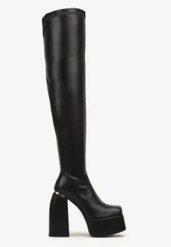 Czarne Wysokie Kozaki na Grubym Słupku i Platformie za Kolano Zinaira