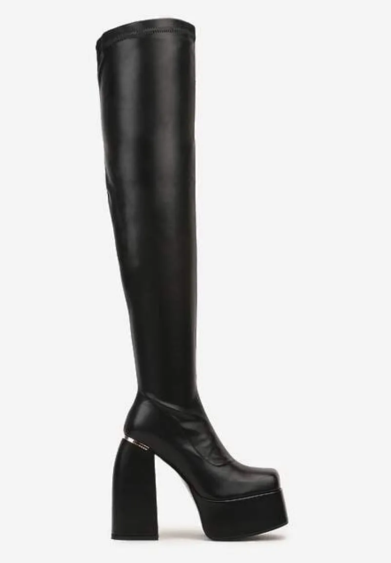 Czarne Wysokie Kozaki na Grubym Słupku i Platformie za Kolano Zinaira