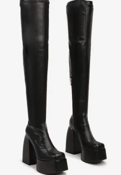 Czarne Wysokie Kozaki na Grubym Słupku i Platformie za Kolano Zinaira