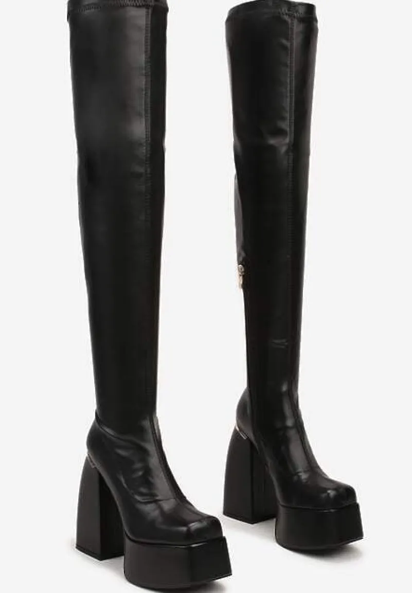 Czarne Wysokie Kozaki na Grubym Słupku i Platformie za Kolano Zinaira