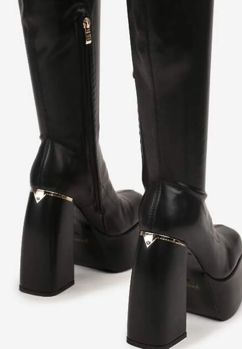 Czarne Wysokie Kozaki na Grubym Słupku i Platformie za Kolano Zinaira