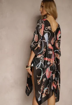 Czarne Wzorzyste Ponczo z Wiskozy i Jedwabiu Pillifia